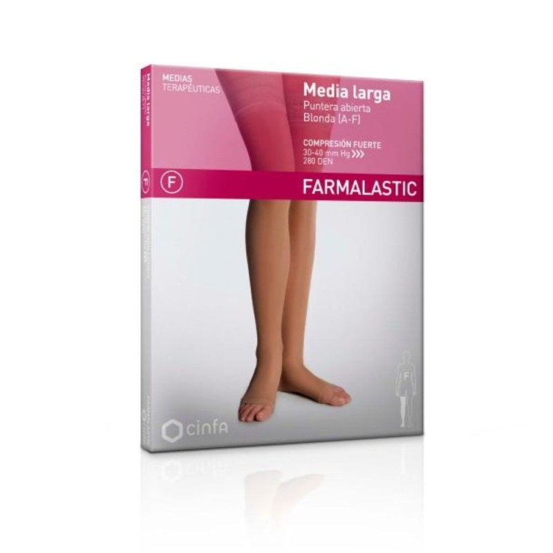 Farmalastic Media Larga (A-F) Compresion Fuerte Talla Reina Banda Silicona Y Puntera Abierta 1 Ud
