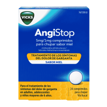 Angistop 5 mg/1 mg Miel 24 comprimidos | Dolor de garganta