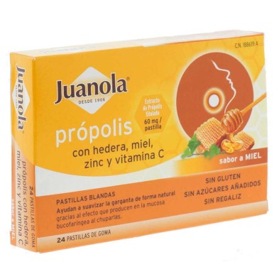JUANOLA PRÓPOLIS CON HEDERA, MIEL, ZINC Y VITAMINA C SABOR MIEL 24 PASTILLAS