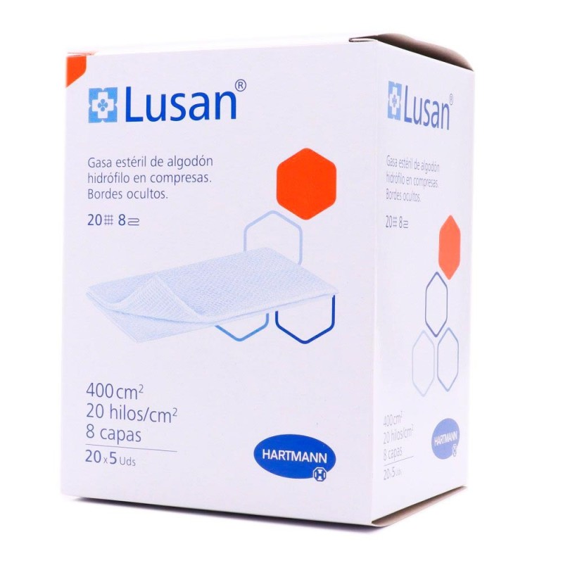 Lusan Gasa Esteril Algodón Hidrofilo Compresas 20 Sobres 5 Unidades